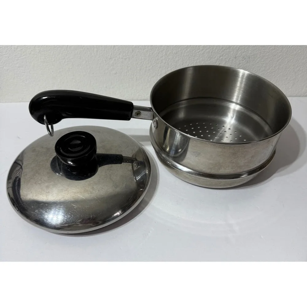 Vintage Stainless Steel Steamer Insert Pot with Lid Black Handle 6.25